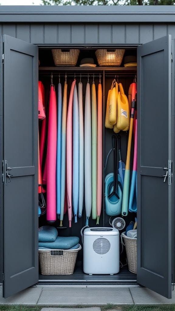 Interior of a tall garden shed with colorful pool floats and storage baskets.