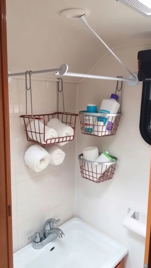 Tension rod with hanging baskets in an RV bathroom for storage.
