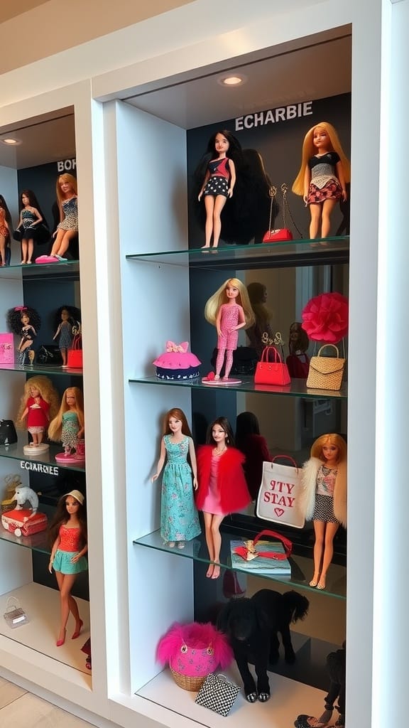 Themed display shelves showcasing various Barbie dolls with colorful outfits and accessories.
