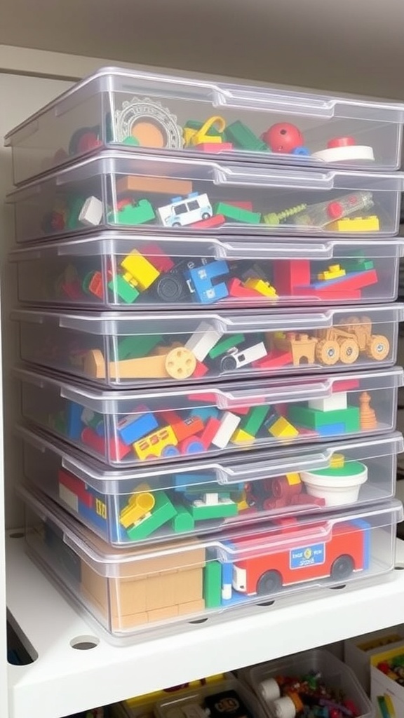A stack of transparent trays filled with colorful Lego pieces.