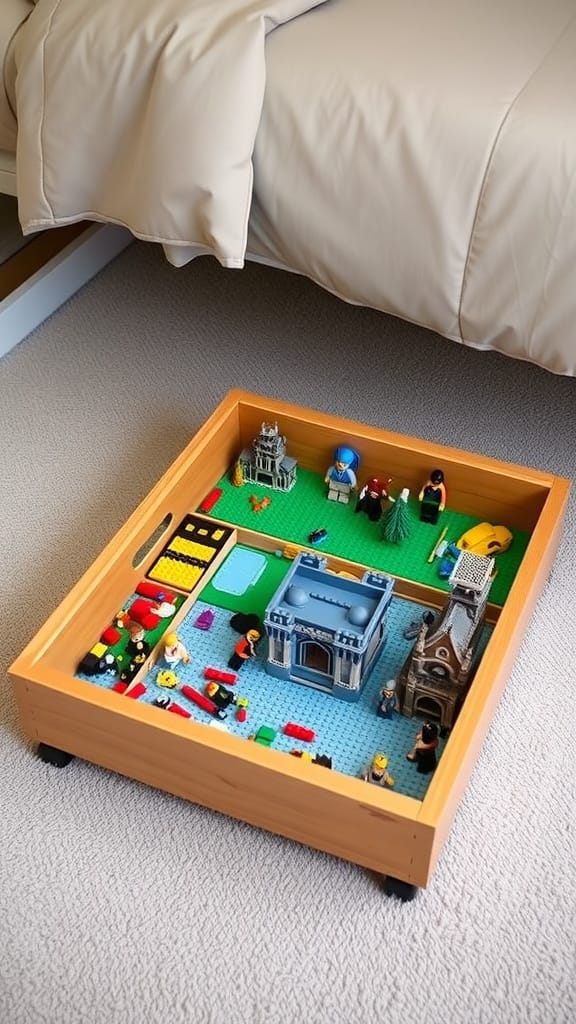 Under-bed rolling Lego tray with colorful Lego pieces and figures.