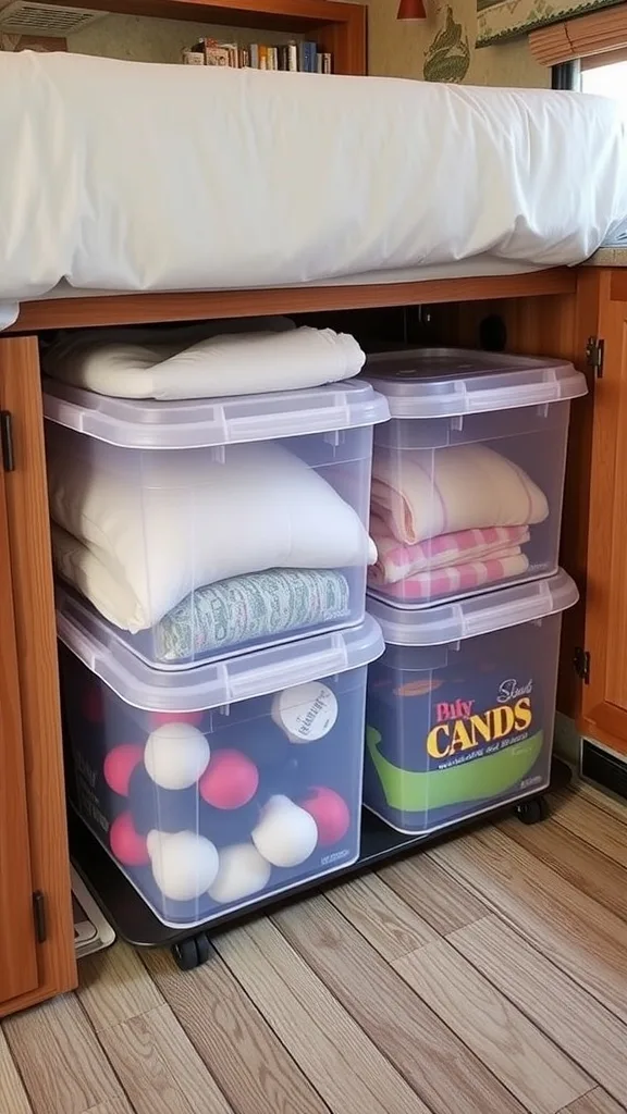 Under-bed sliding storage bins filled with various folded blankets and games.