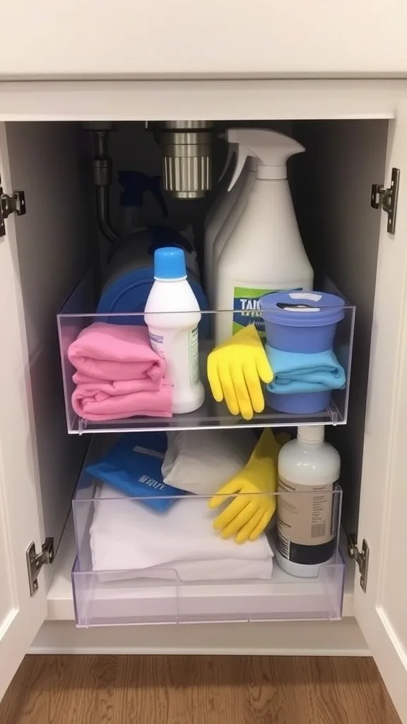 Under-sink storage organizer with cleaning supplies and slide-out drawers.