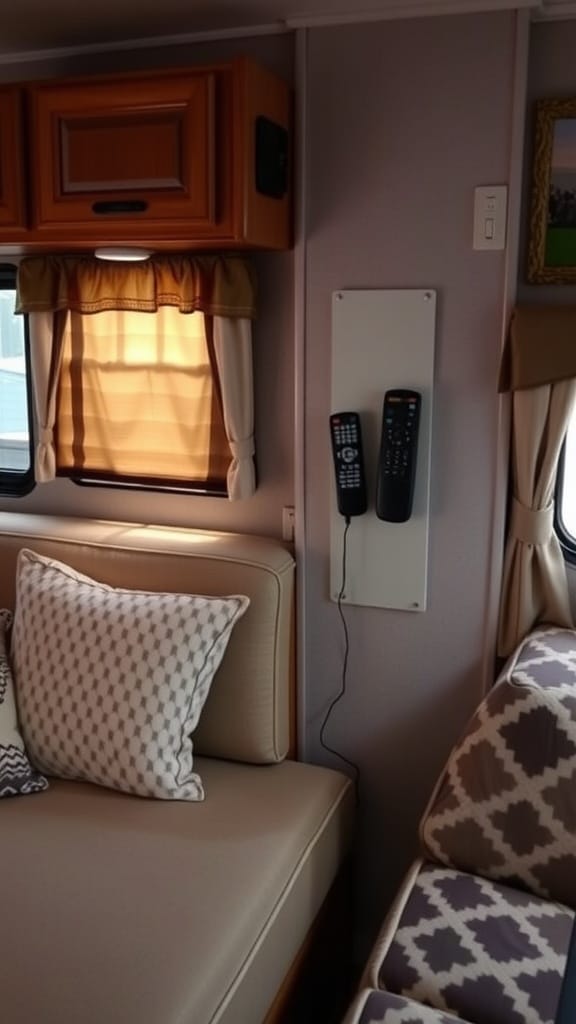 A cozy RV interior featuring a wall-mounted Velcro strip holding remote controls.