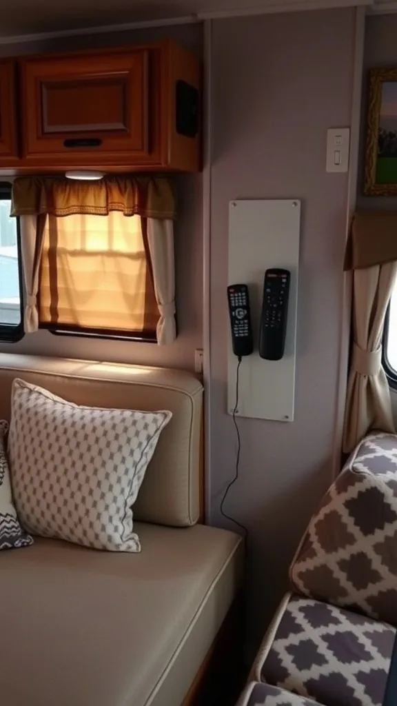 A cozy RV interior featuring a wall-mounted Velcro strip holding remote controls.