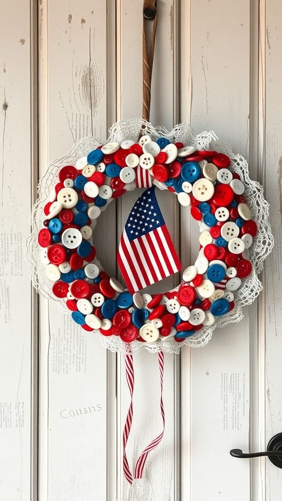 A wreath made of red, white, and blue buttons with a small American flag in the center.