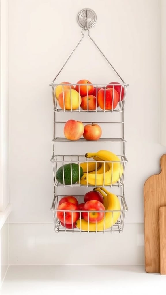 Three-tier wall-mounted fruit basket with apples and bananas