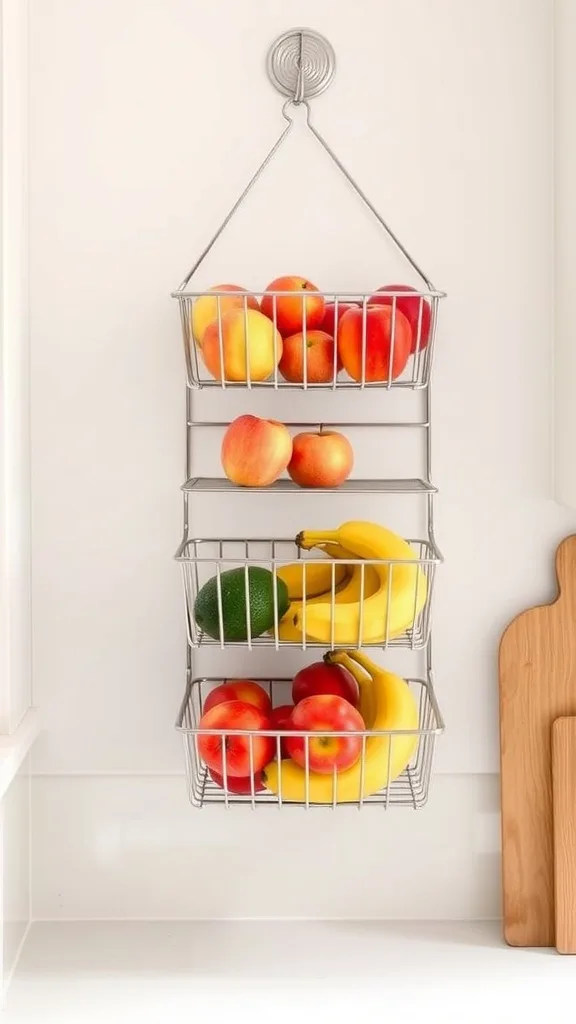 Three-tier wall-mounted fruit basket with apples and bananas