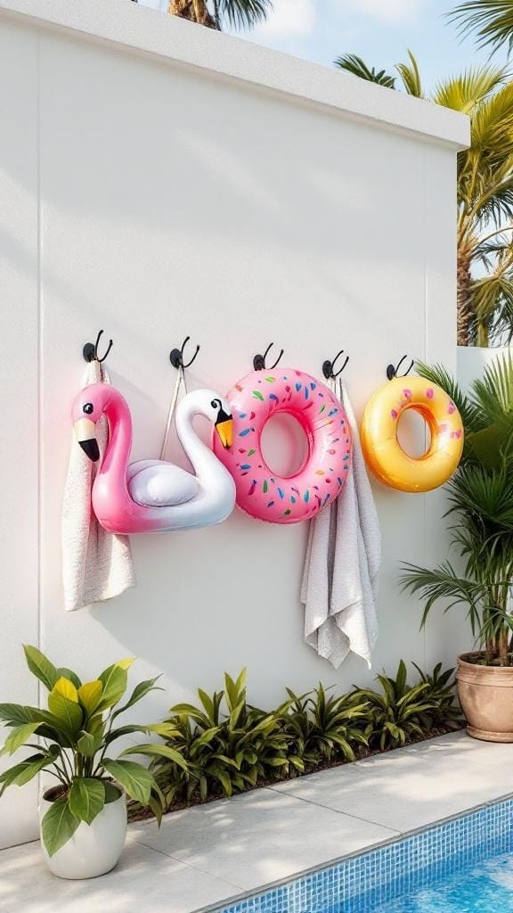 Colorful pool floats hanging on wall-mounted hooks