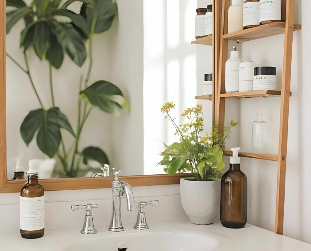 Bathroom counter organized with a rack organizer, jars and plants.