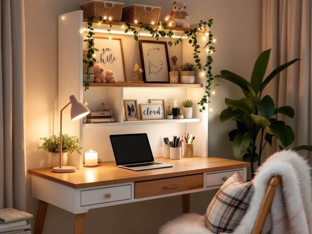 An aesthetic and cozy desk setup in a softly lit dorm in the evening. The scene should feature a wooden desk with a small built-in white hutch containing neatly organized shelves.