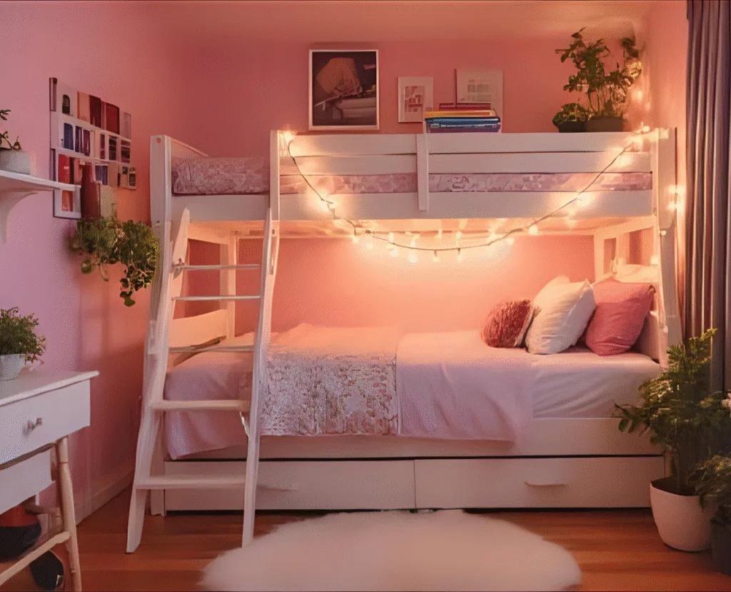 A pink and white, cozy dorm room with a tall bed and storage bins under it with a fur rug in front.