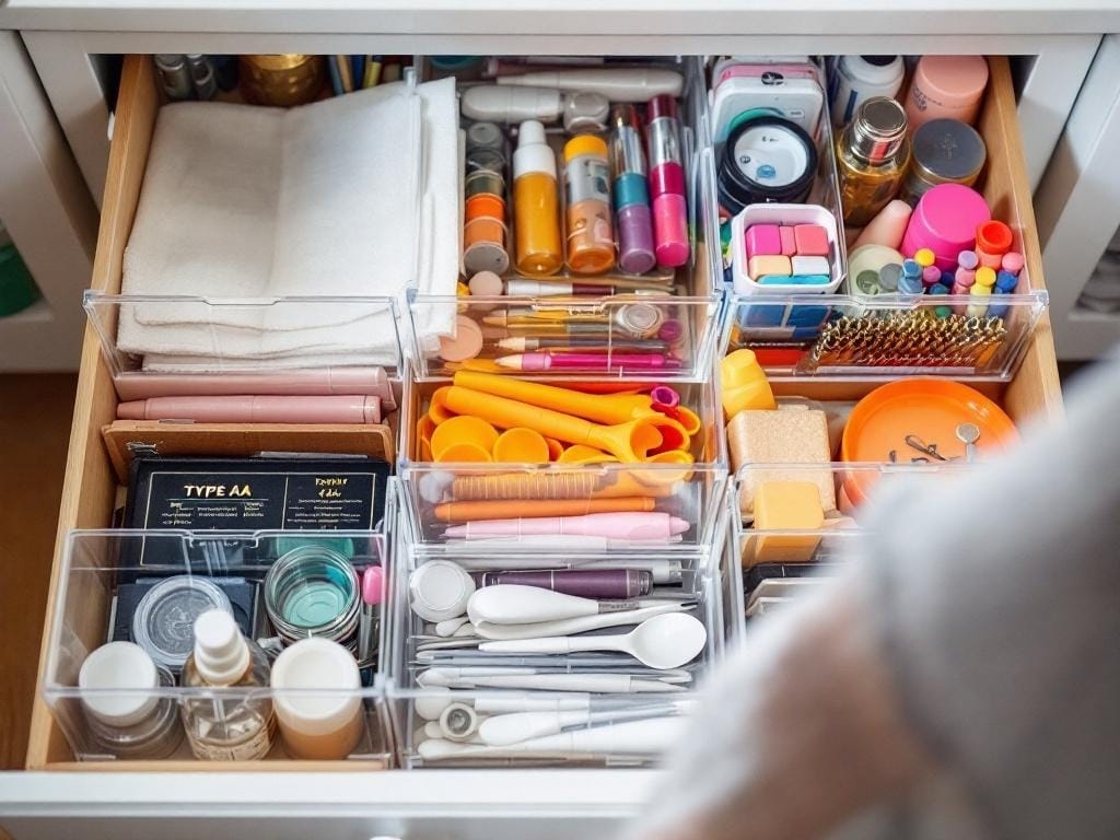 Aesthetic, neatly stationery drawer organization with multiple clear acrylic bins and items of different categories, colour coded.