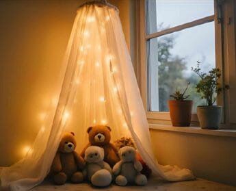 A sheer canopy hung from the ceiling in a room corner, filled with plush animal toys inside and lit up with soft fairy lights - making a perfect stuffed animal storage nook.