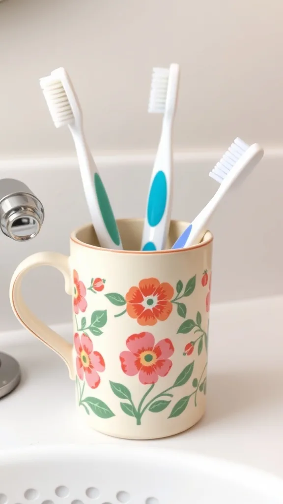 A white mug with the words 'STINE BEAON MUSH' filled with colorful toothbrushes.