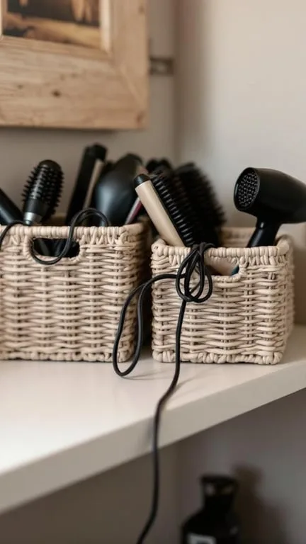 Woven baskets containing hair tools on a bathroom counter.