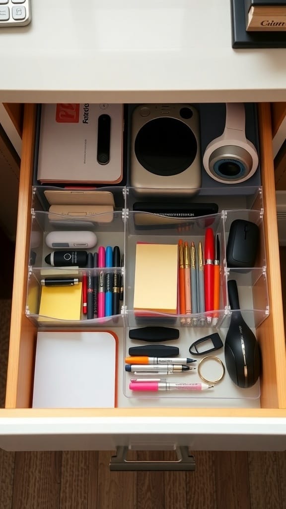 A neatly organized desk drawer with dividers holding various office supplies.