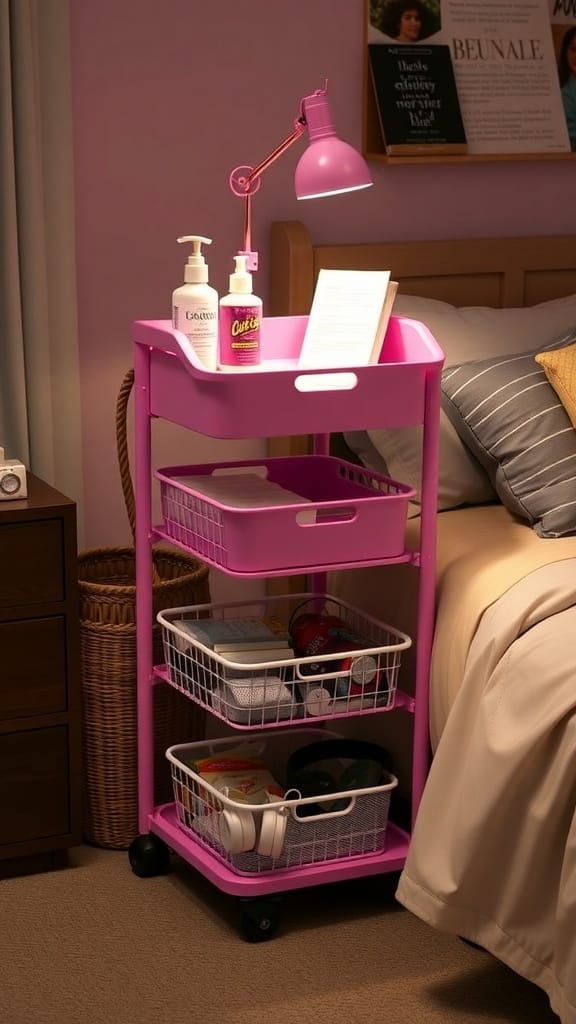A white rolling utility cart with three storage bins, a lamp, and personal care items beside a bed with polka dot bedding.