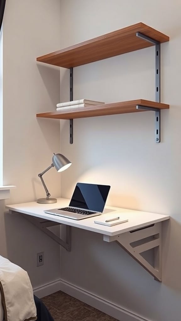 A fold-down wall desk with a laptop and lamp, featuring two shelves above.