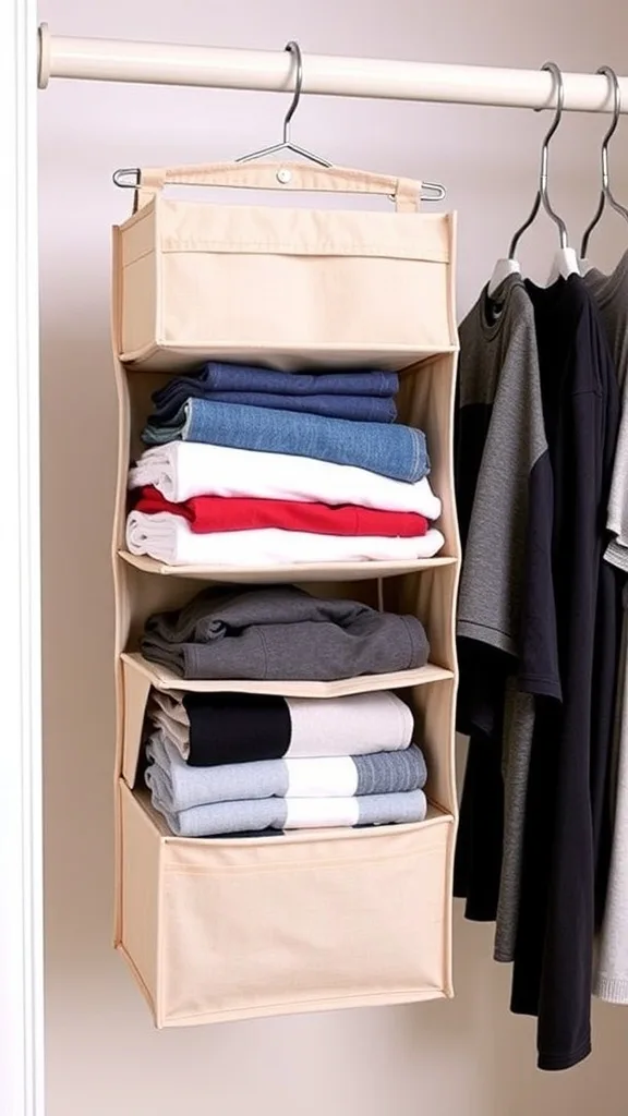 A hanging shelf organizer with neatly stacked clothes and labeled bins for laundry, snacks, and random items.