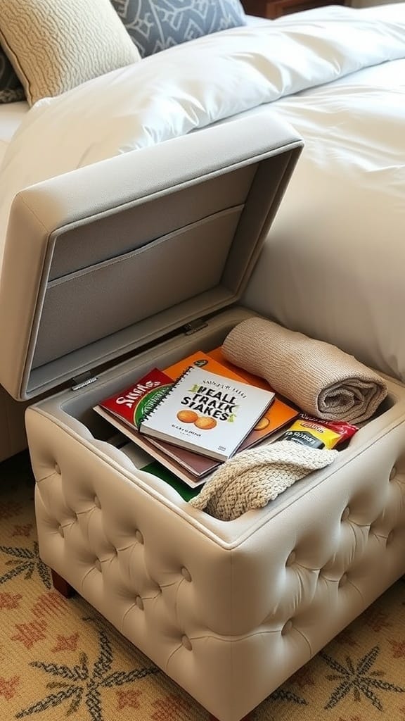 A mini ottoman with hidden storage beside a bed, topped with a blanket and books.