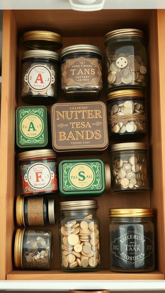 A drawer filled with organized jars and tins containing buttons and small items.