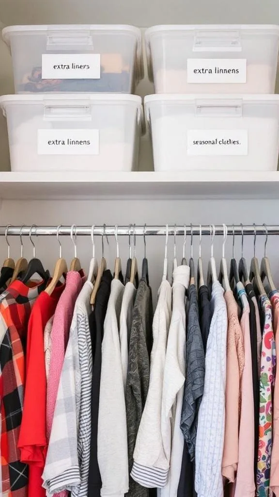 Organized dorm closet with labeled overhead shelf bins for linens and snacks.