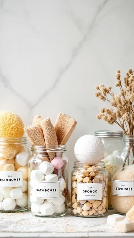 A collection of labeled apothecary jars filled with bath bombs, sponges, and other bath items.