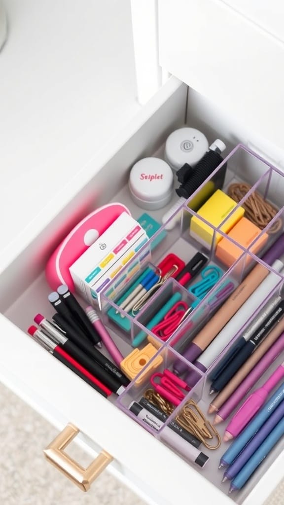 A drawer organized with clear acrylic dividers, showcasing various stationery items.