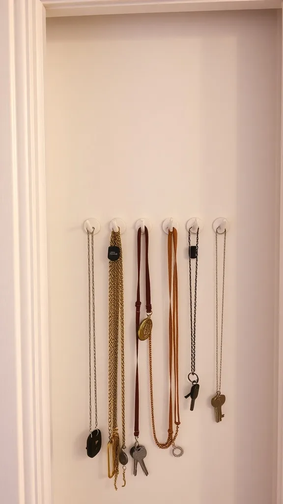 Command hooks holding jewelry and keys on a closet door.