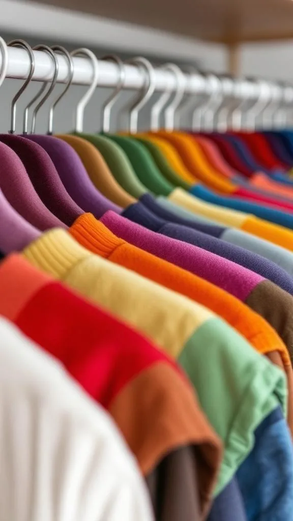 A neatly organized closet with color-coded clothing sections.