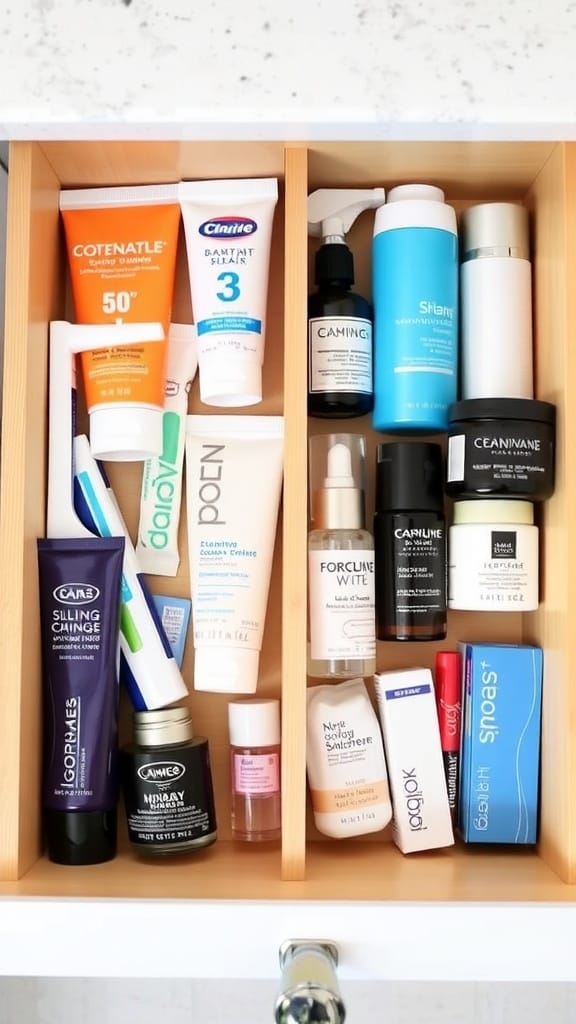 A neatly organized bathroom drawer with skincare and grooming products separated for morning and night routines.