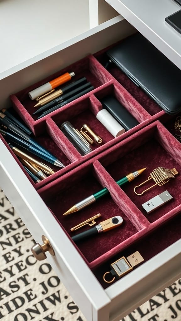 Drawer organized with jewelry trays holding pens, paperclips, and other office supplies.