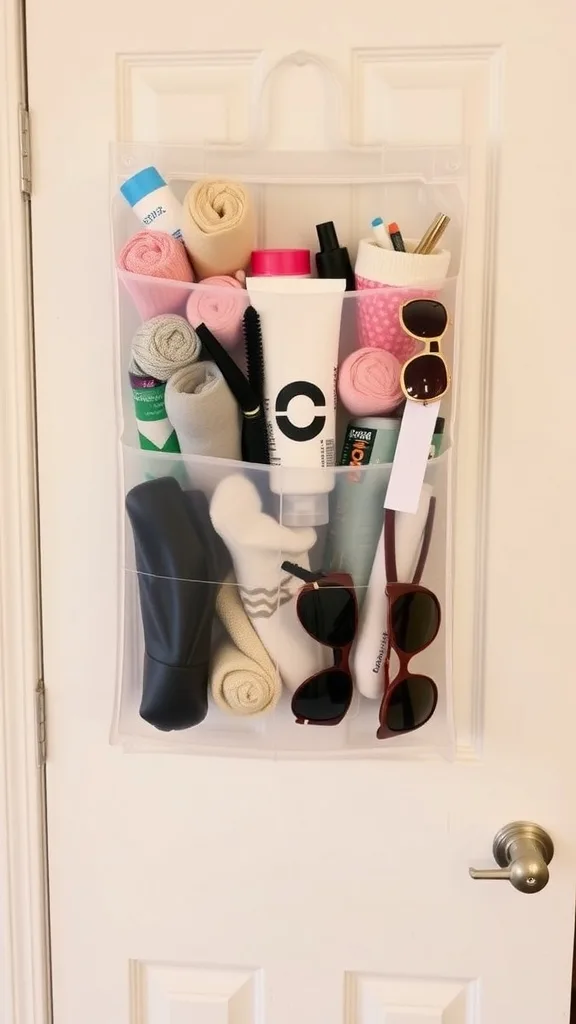 Over-the-door shoe organizer filled with accessories like toiletries and sunglasses.