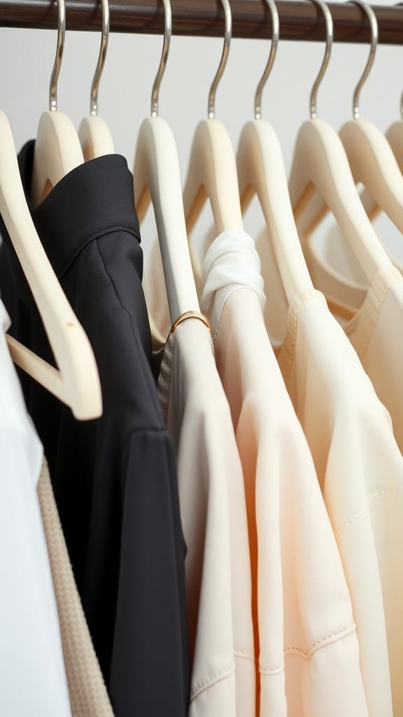 A close-up of clothes hanging on slim velvet hangers in a closet.