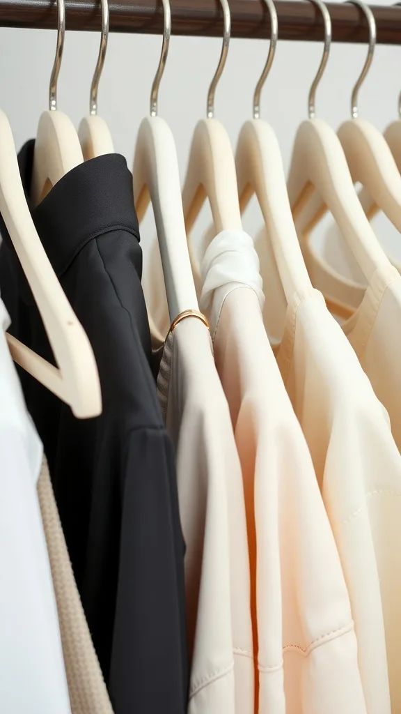 A close-up of clothes hanging on slim velvet hangers in a closet.