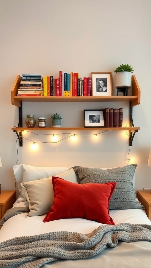 A cozy dorm room with an over-the-bed shelf displaying books, decor, and fairy lights.