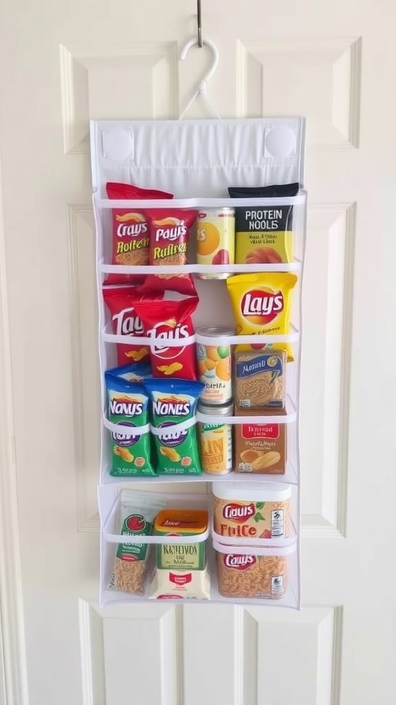Shoe organizer filled with various snacks hanging on a door.