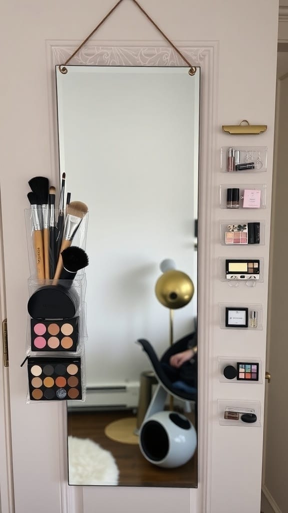 A door-mounted vanity station with a mirror and organized makeup supplies.