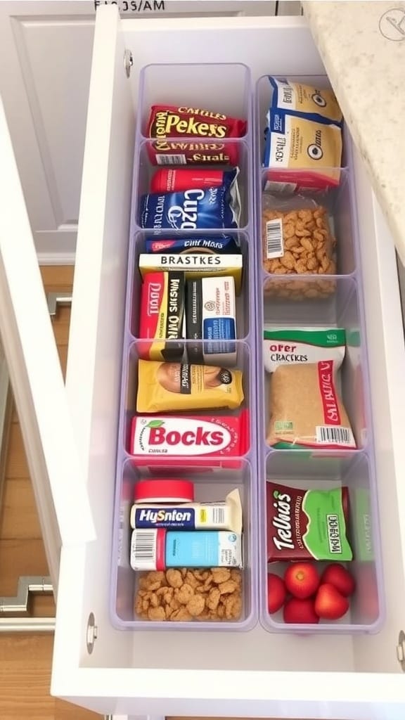 Organized pantry drawer with snacks divided by type in clear containers.