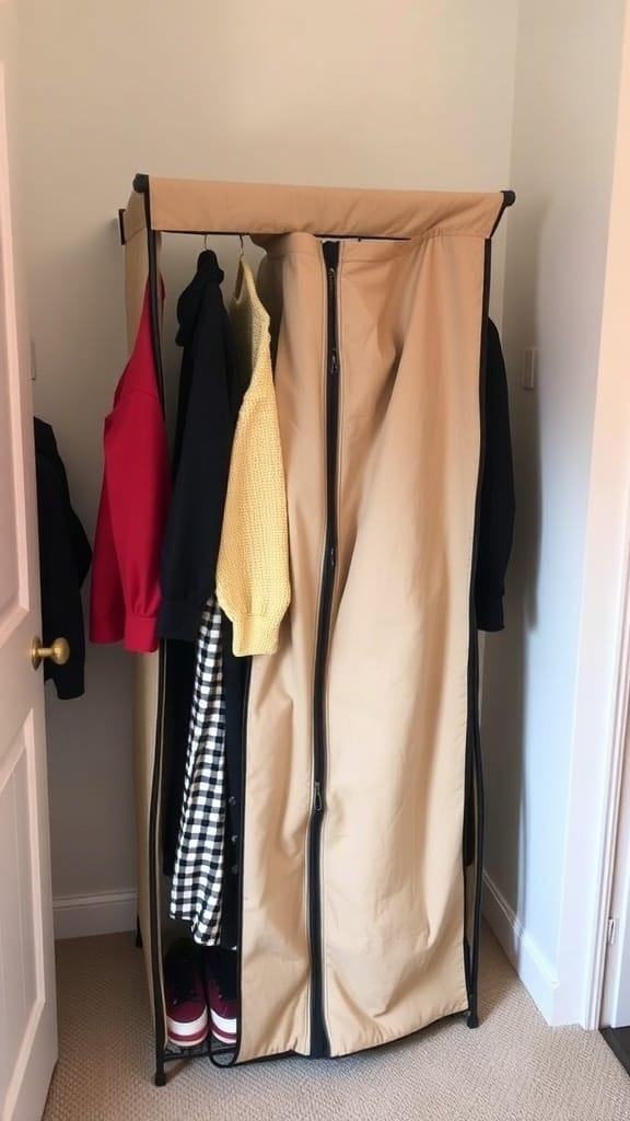 A portable closet rack with a cover, holding various clothes.