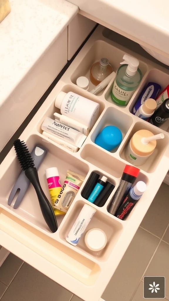 A neatly organized drawer with various beauty and skincare products arranged for easy access.