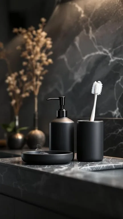 A stylish bathroom counter with matching black dispensers for soap and toothbrushes.