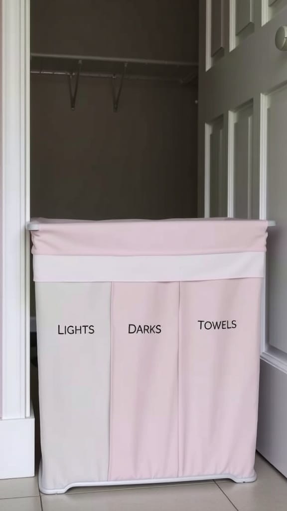 Foldable hamper with sections labeled for lights, darks, and towels