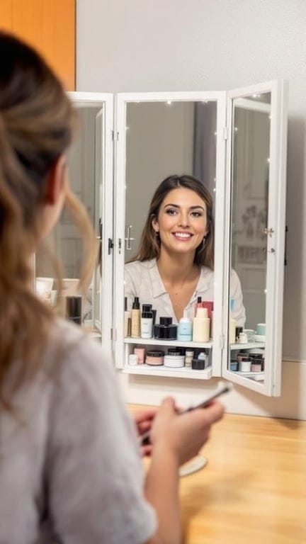 A woman looking into a foldable vanity mirror with storage, smiling, with various beauty products displayed.