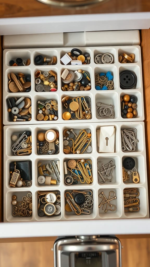 A drawer organized with ice cube trays holding various small items like buttons, paper clips, and other tiny objects.
