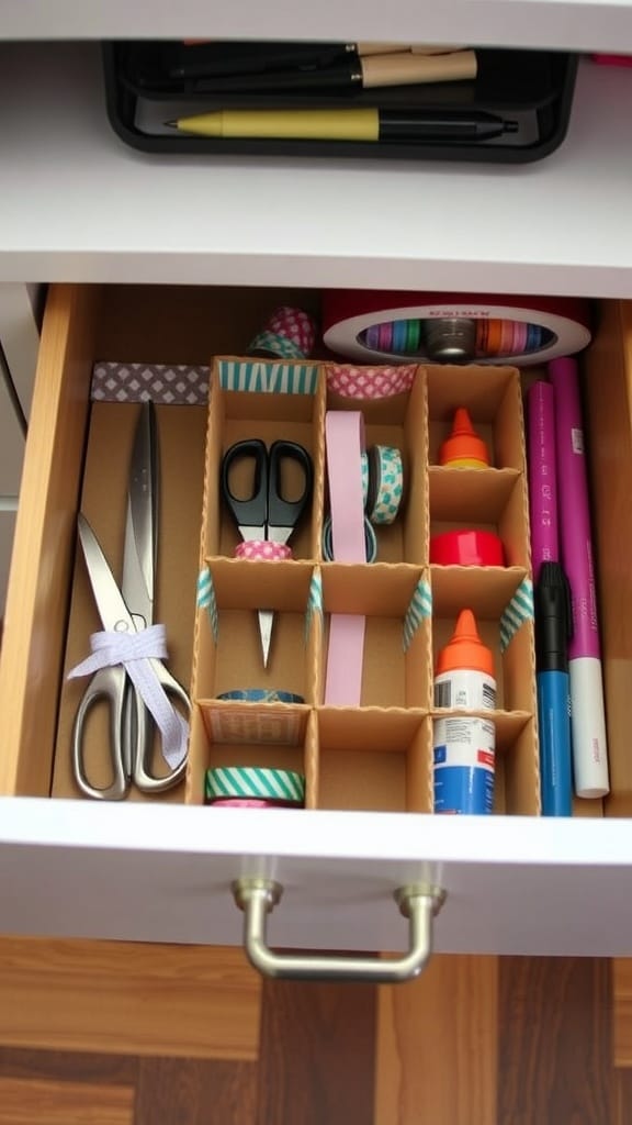 A neatly organized drawer with cardboard inserts holding scissors, glue, and tape.