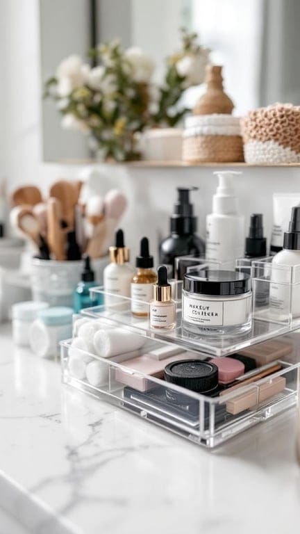 Acrylic drawer organizers filled with beauty products and skincare items on a bathroom counter.