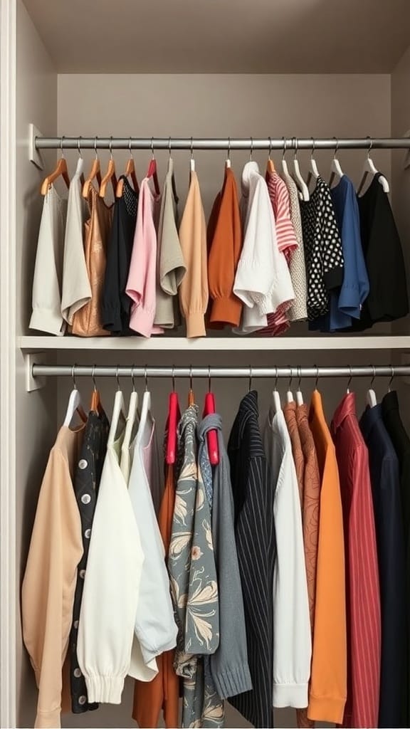 A closet with two hanging rods filled with colorful shirts and blouses.