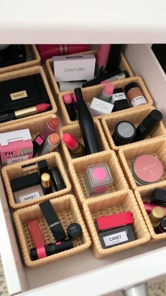 A neatly organized makeup drawer with mini baskets holding various lipsticks and cosmetics.